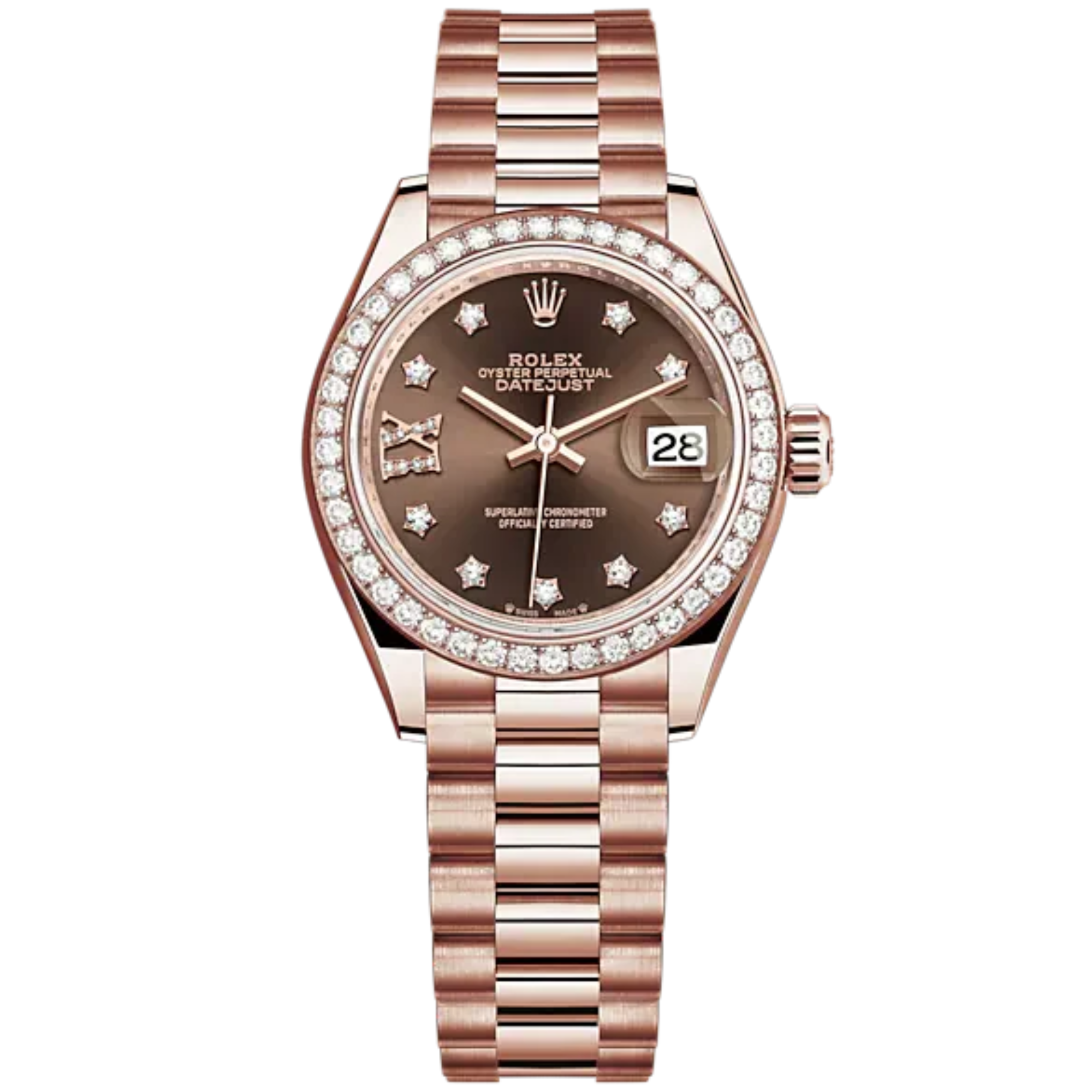 Lady-DateJust 28mm President Bracelet and 18 KT Everose Gold with Chocolate Dial Diamond-Set Dial Diamond-Set Bezel - Rolex