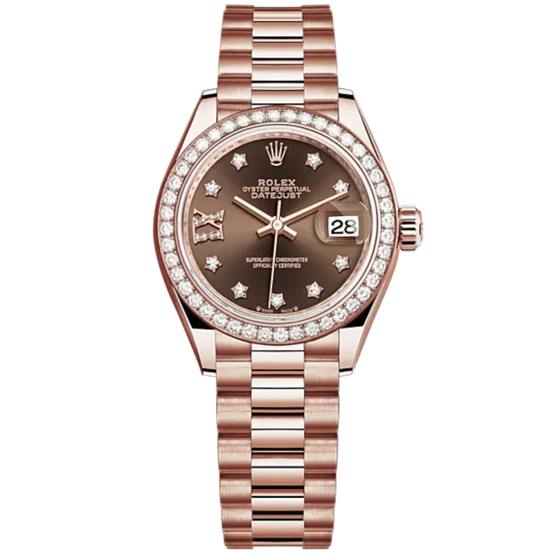 Lady-DateJust 28mm President Bracelet and 18 KT Everose Gold with Chocolate Dial Diamond-Set Dial Diamond-Set Bezel - Rolex