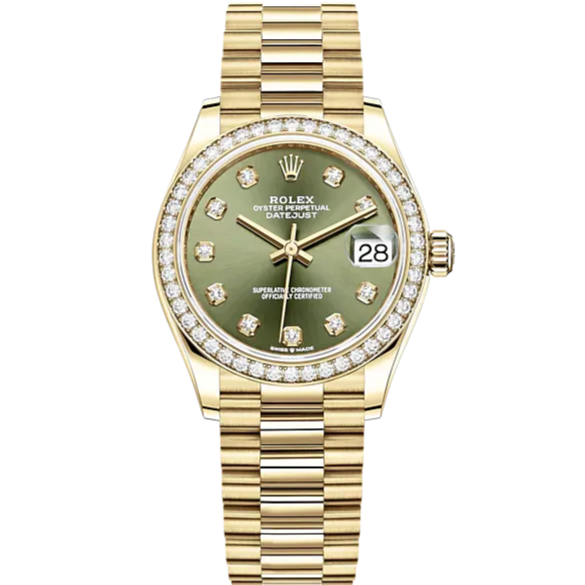 Datejust 31 31mm President Bracelet and 18 CT Yellow Gold with Olive-Green Floral-Motif Diamond-Set Dial Diamond-Set Bezel - Rolex