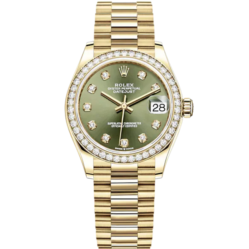 Datejust 31 31mm President Bracelet and 18 CT Yellow Gold with Olive-Green Floral-Motif Diamond-Set Dial Diamond-Set Bezel - Rolex