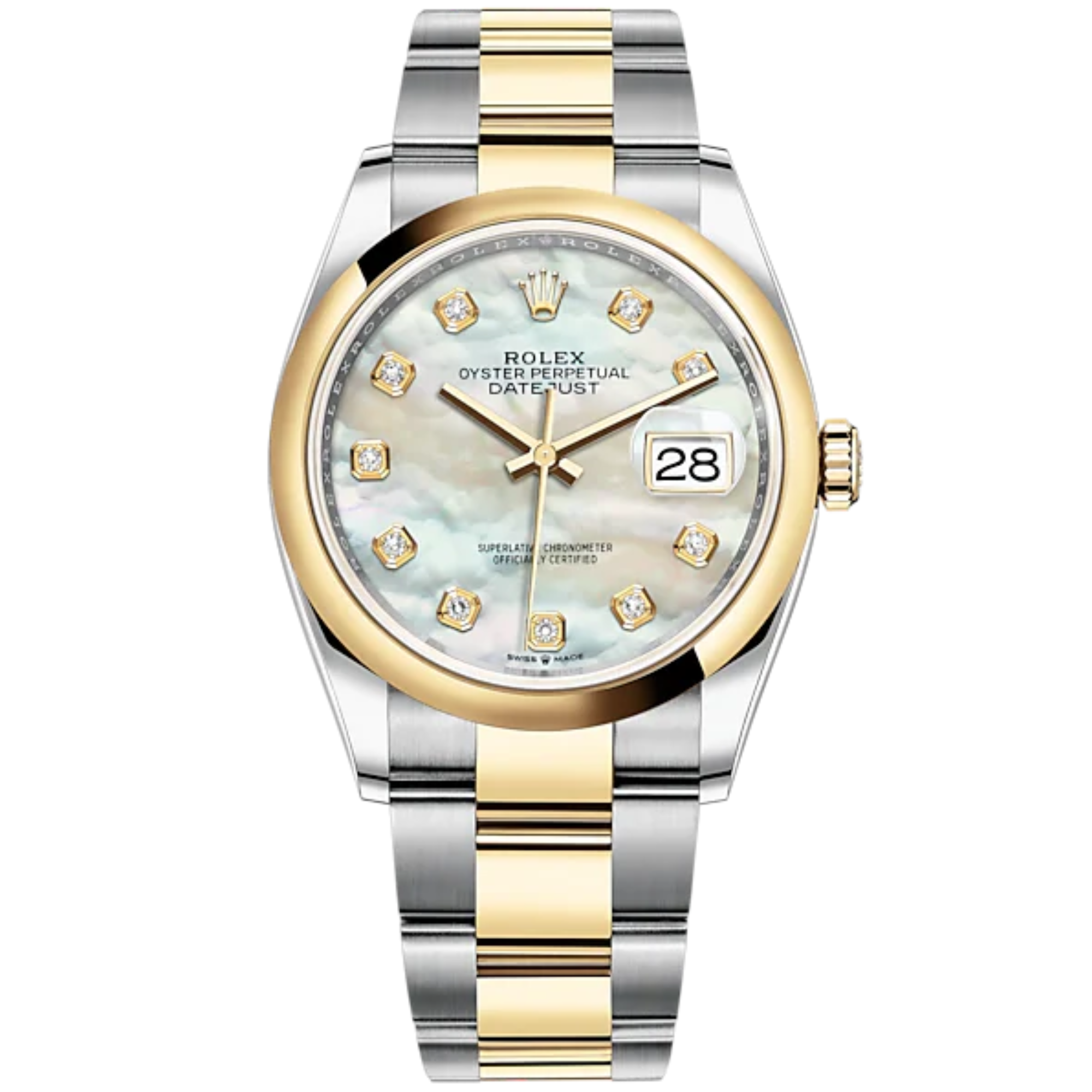 Datejust 36 36mm Oyster Bracelet Oystersteel and Yellow Gold with White Mother-of-Pearl Diamond-Set Dial Domed Bezel - Rolex