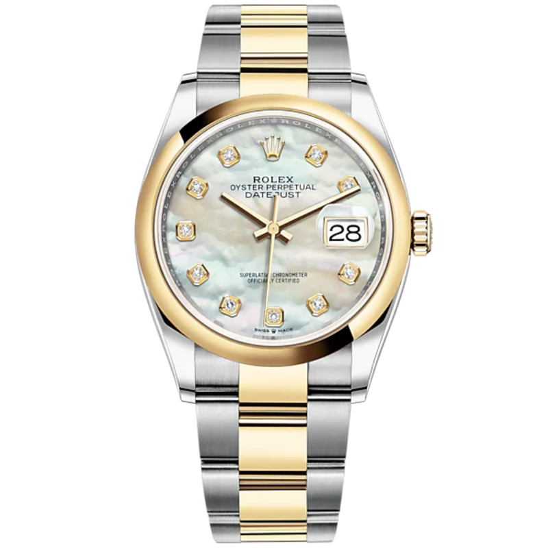 Datejust 36 36mm Oyster Bracelet Oystersteel and Yellow Gold with White Mother-of-Pearl Diamond-Set Dial Domed Bezel - Rolex