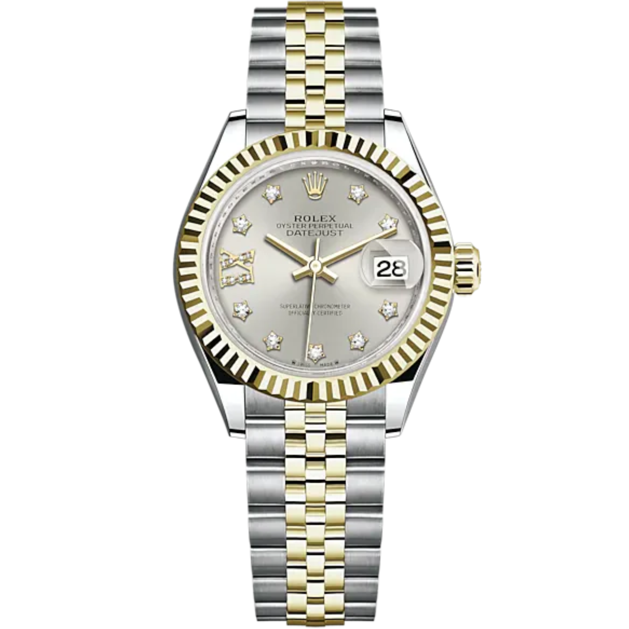 Lady-DateJust 28mm Oystersteel Jubilee Bracelet and Yellow Gold with Silver Dial Diamond-Set Dial Fluted Bezel - Rolex