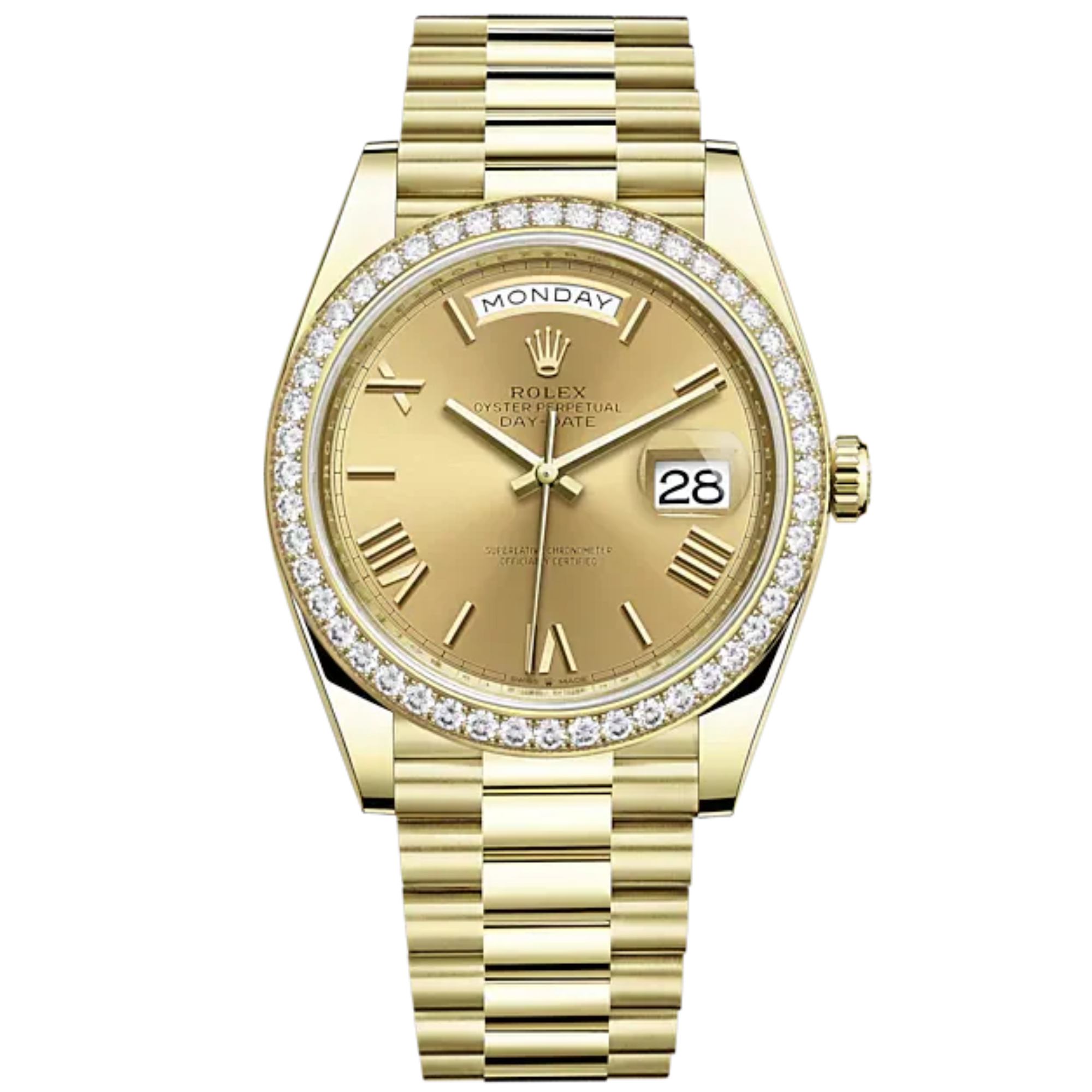 Day-Date 40 40mm President Bracelet and 18 KT Yellow Gold with Champagne-Colour Roman Dial and Diamond-Set Bezel - Rolex