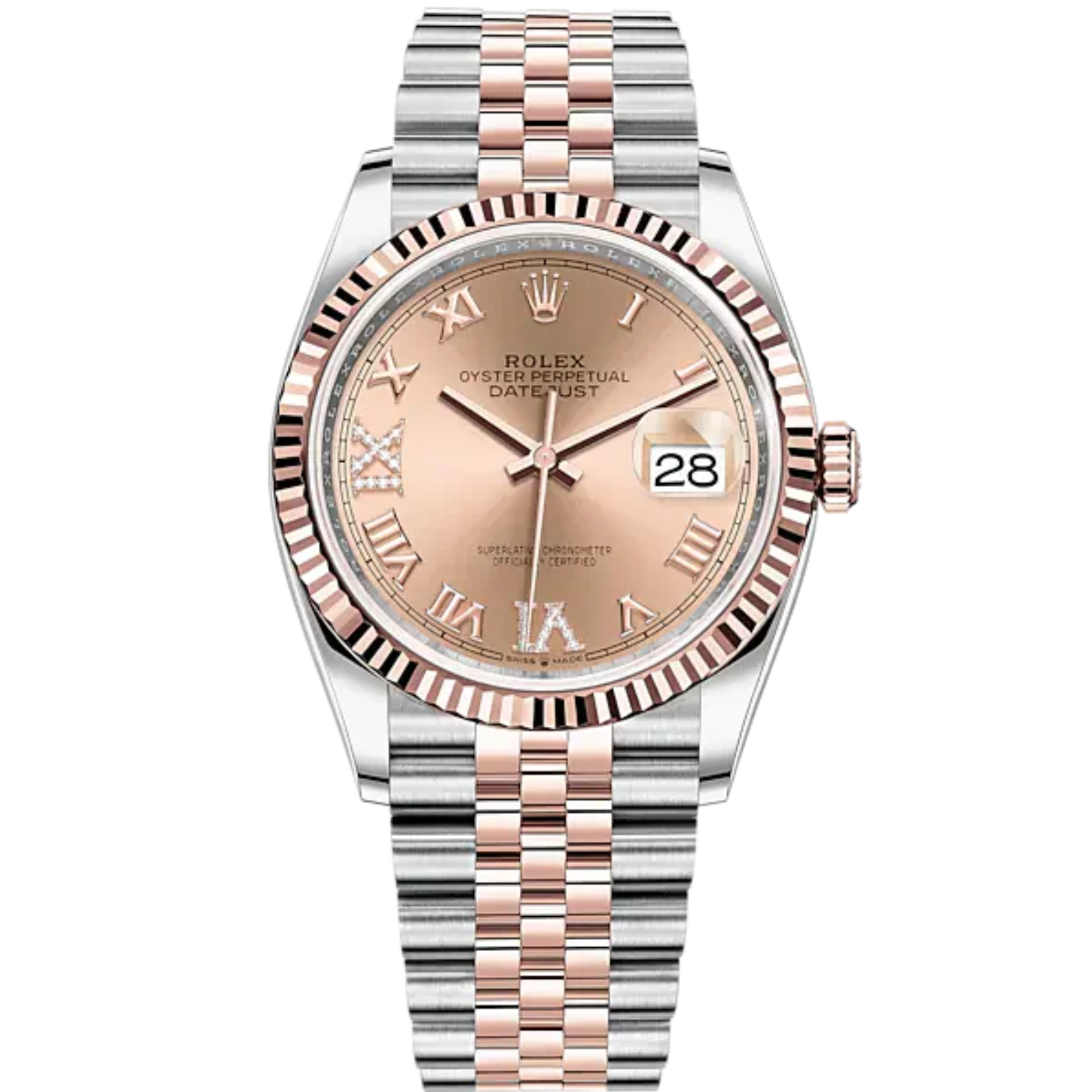 Datejust 36 36mm Oystersteel Jubilee Bracelet and Everose Gold with Rose Colour Diamond-Set Dial Fluted Bezel - Rolex