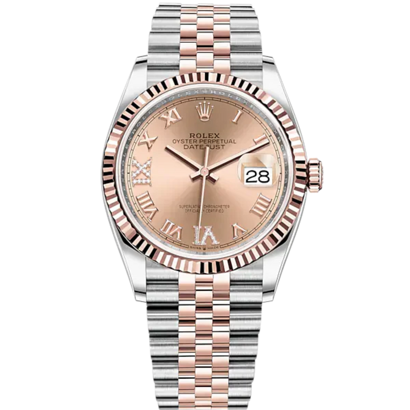 Datejust 36 36mm Oystersteel Jubilee Bracelet and Everose Gold with Rose Colour Diamond-Set Dial Fluted Bezel - Rolex
