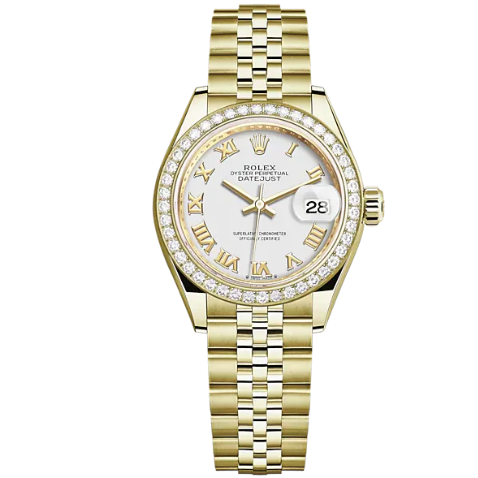 Lady-DateJust 28mm Jubilee Bracelet and 18 KT Yellow Gold with White Dial Diamond-Set Bezel - Rolex