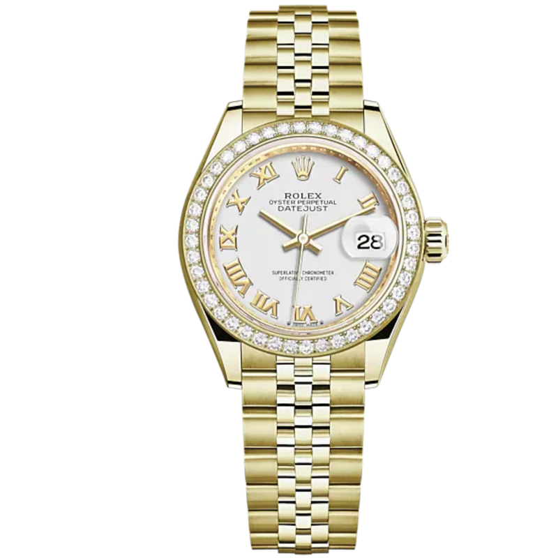 Lady-DateJust 28mm Jubilee Bracelet and 18 KT Yellow Gold with White Dial Diamond-Set Bezel - Rolex
