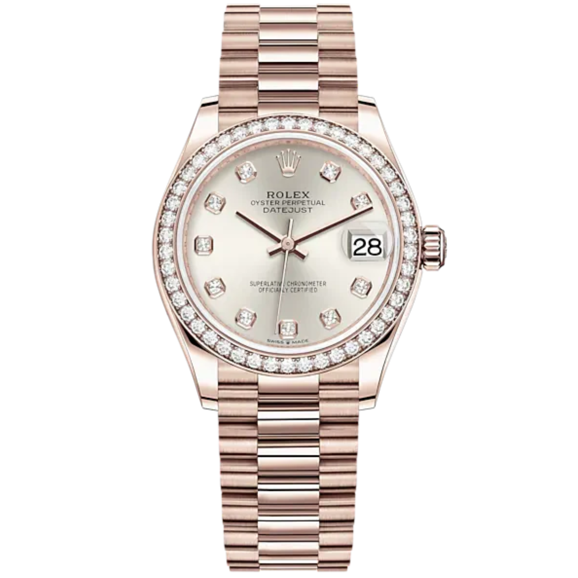 Datejust 31 31mm President Bracelet and 18 CT Everose Gold with Silver Diamond-Set Dial Diamond-Set Bezel - Rolex