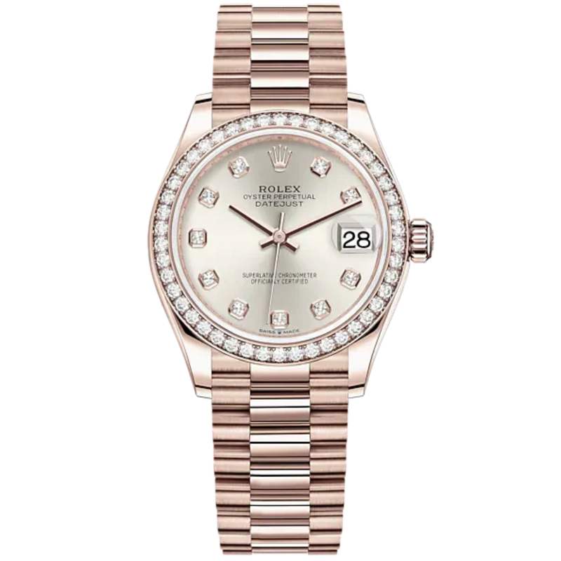 Datejust 31 31mm President Bracelet and 18 CT Everose Gold with Silver Diamond-Set Dial Diamond-Set Bezel - Rolex