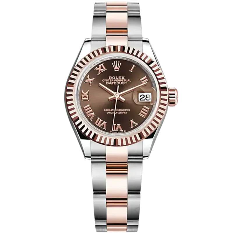 Lady-DateJust 28mm Oyster Oystersteel Bracelet and Everose Gold with Chocolate Dial Fluted Bezel - Rolex