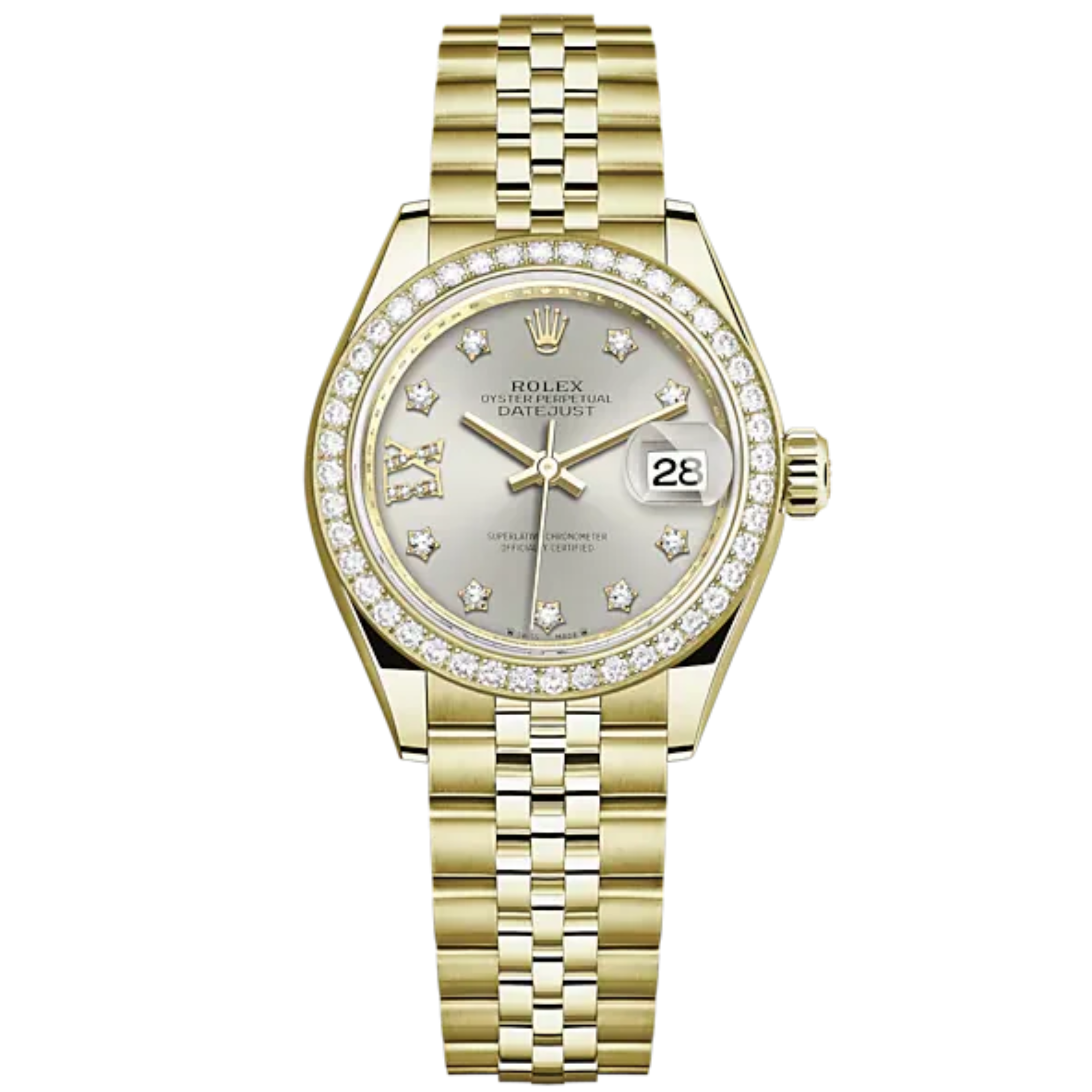Lady-DateJust 28mm Jubilee Bracelet and 18 KT Yellow Gold with Silver Dial Diamond-Set Dial Diamond-Set Bezel - Rolex