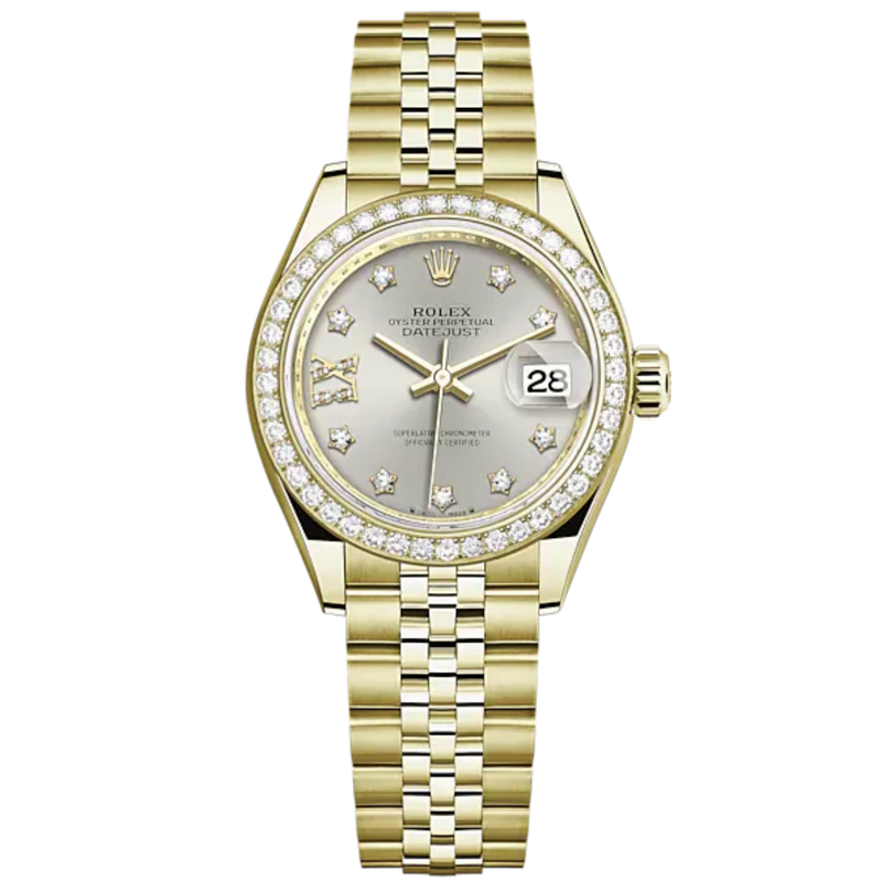 Lady-DateJust 28mm Jubilee Bracelet and 18 KT Yellow Gold with Silver Dial Diamond-Set Dial Diamond-Set Bezel - Rolex
