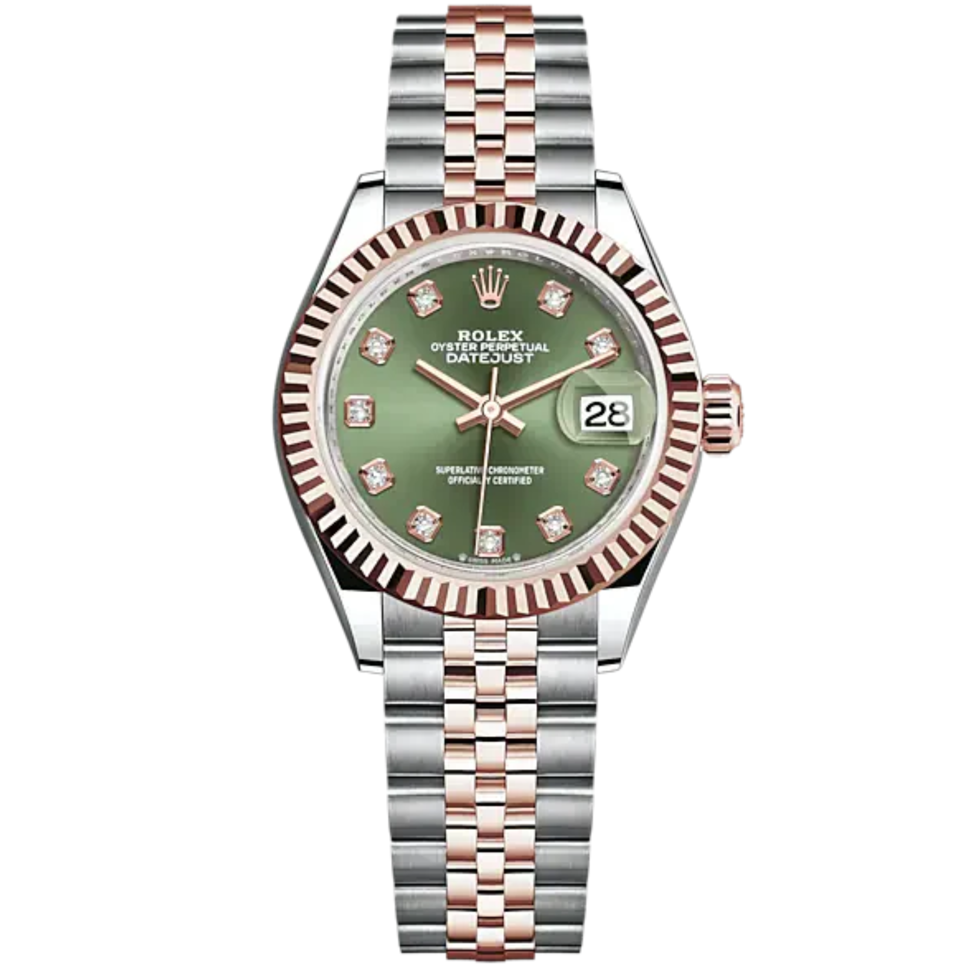 Lady-DateJust 28mm Oystersteel Jubilee Bracelet and Everose Gold with Olive-Green Dial Diamond-Set Dial Fluted Bezel - Rolex