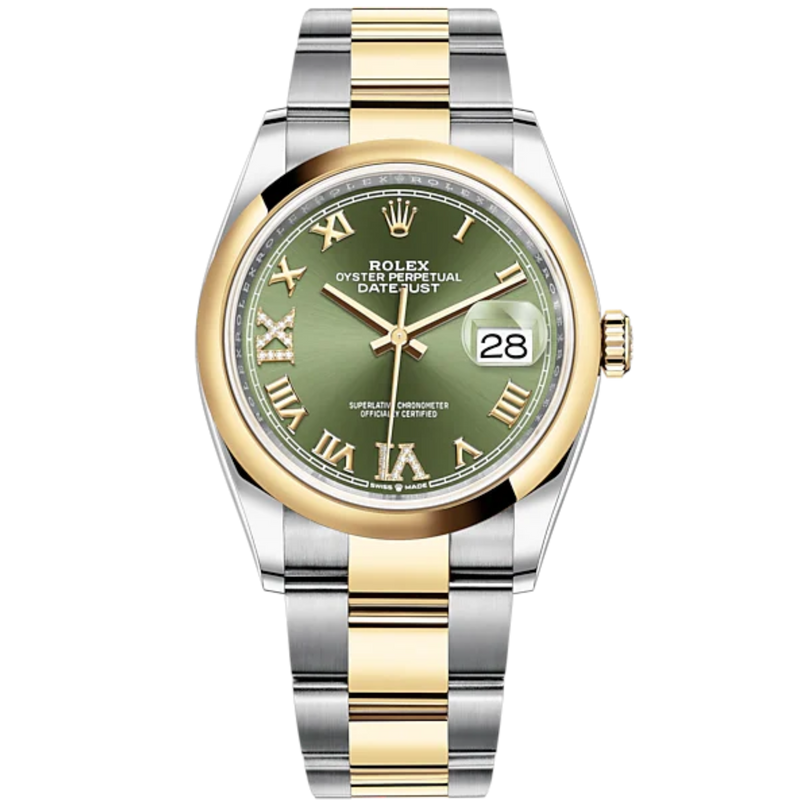 Datejust 36 36mm Oyster Bracelet Oystersteel and Yellow Gold with Olive-Green Diamond-Set Dial Domed Bezel - Rolex