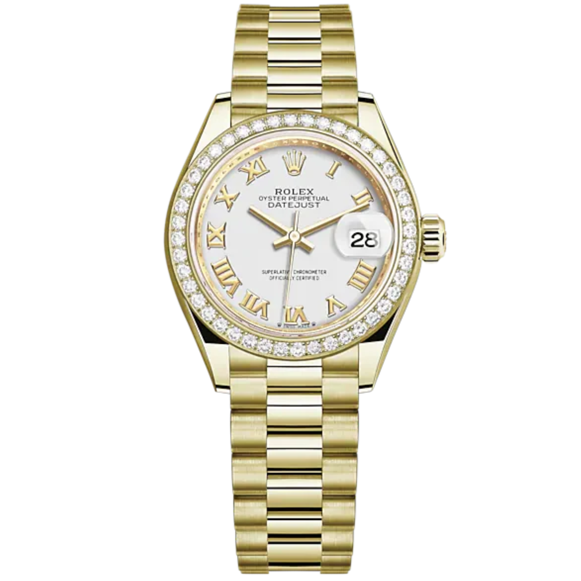 Lady-DateJust 28mm President Bracelet and 18 KT Yellow Gold with White Dial Diamond-Set Bezel - Rolex