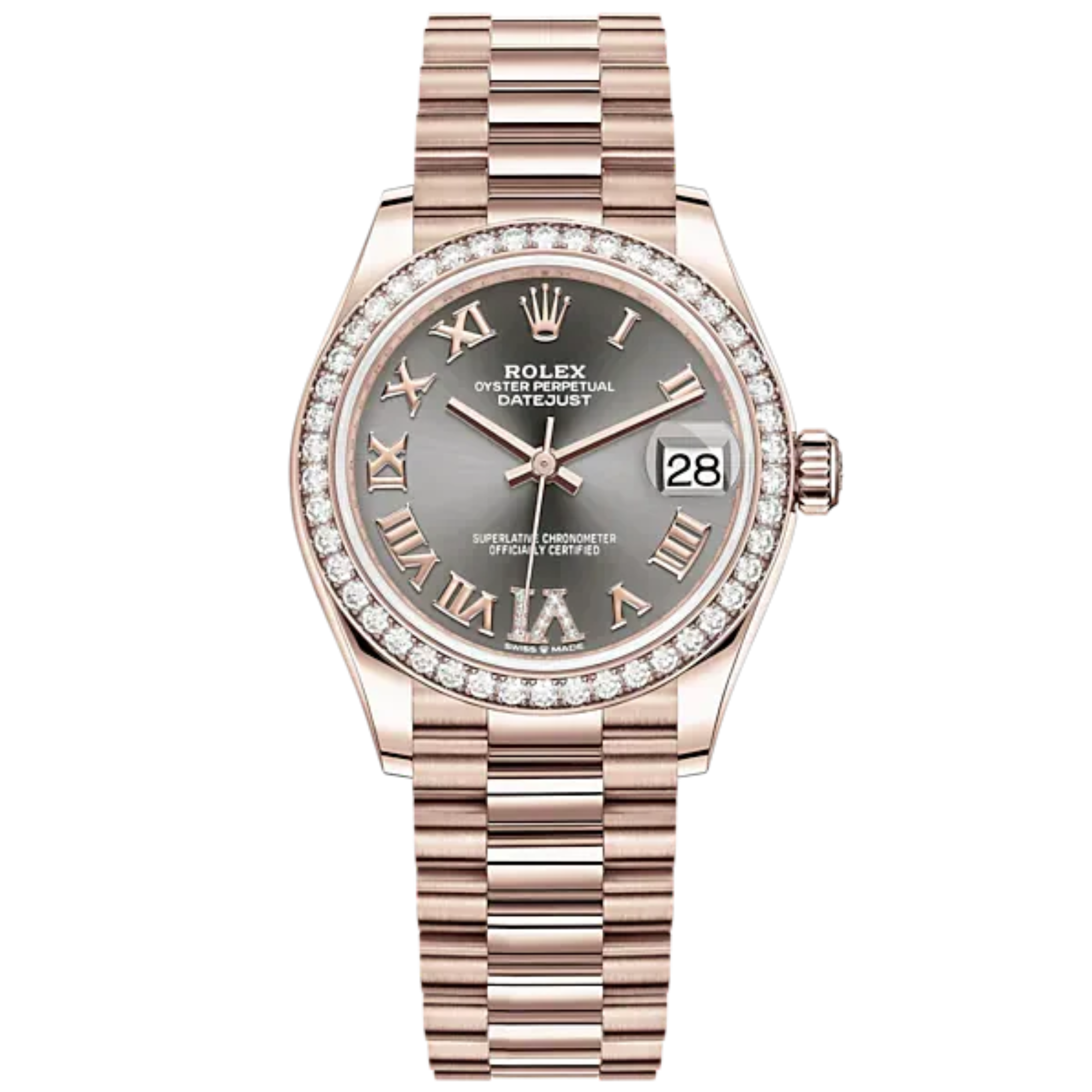 Datejust 31 31mm President Bracelet and 18 CT Everose Gold with Slate Diamond Dial Diamond-Set Bezel - Rolex