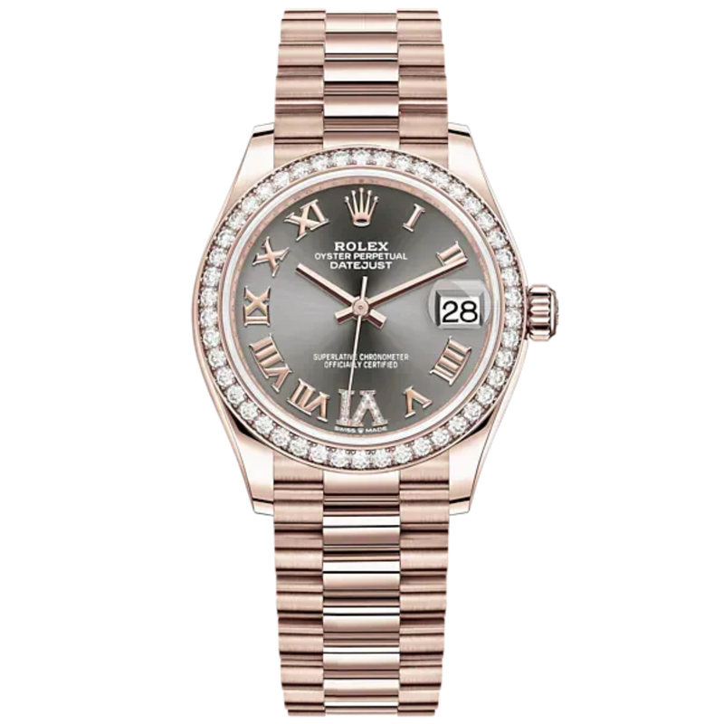 Datejust 31 31mm President Bracelet and 18 CT Everose Gold with Slate Diamond Dial Diamond-Set Bezel - Rolex