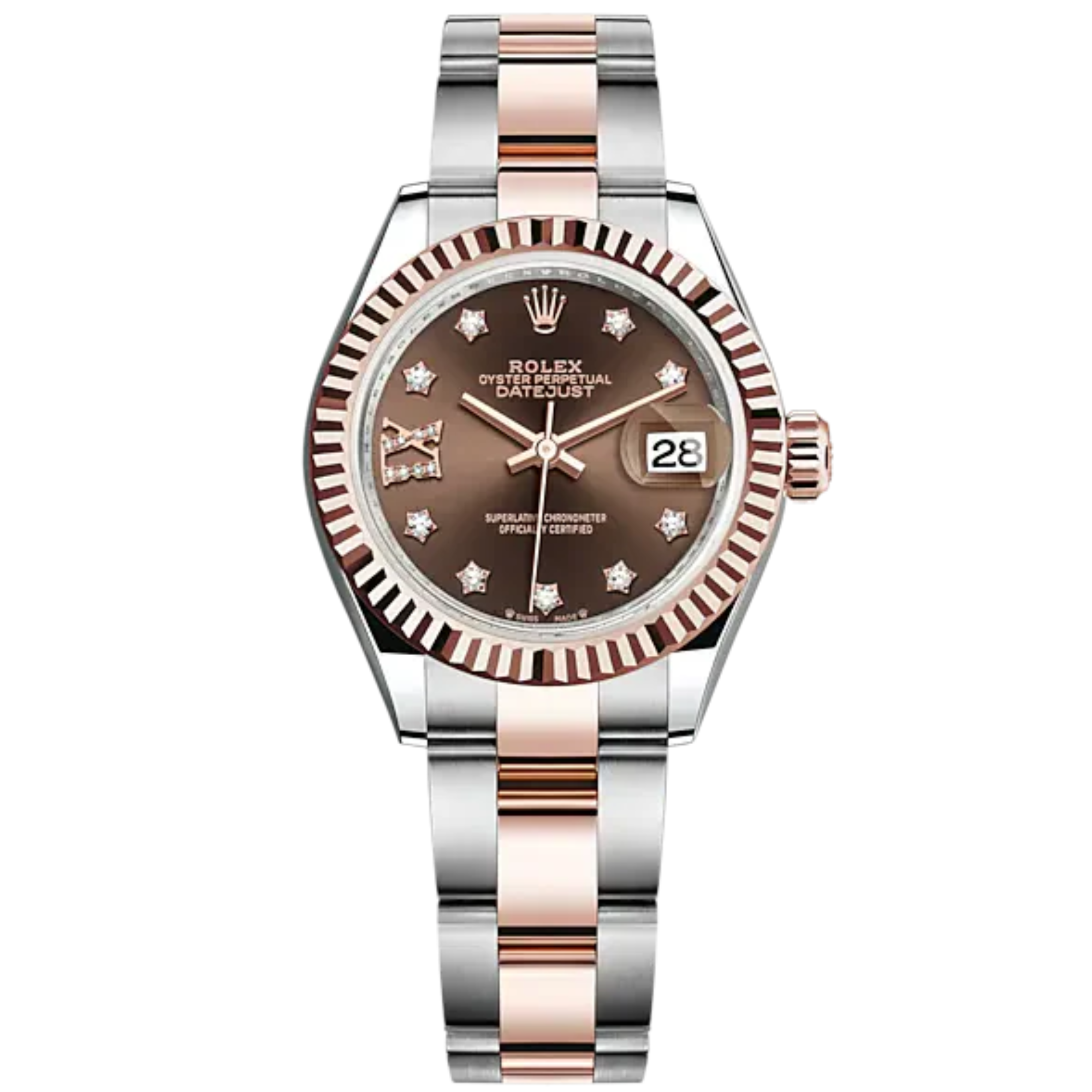 Lady-DateJust 28mm Oyster Oystersteel Bracelet and Everose Gold with Chocolate Dial Diamond-Set Dial Fluted Bezel - Rolex