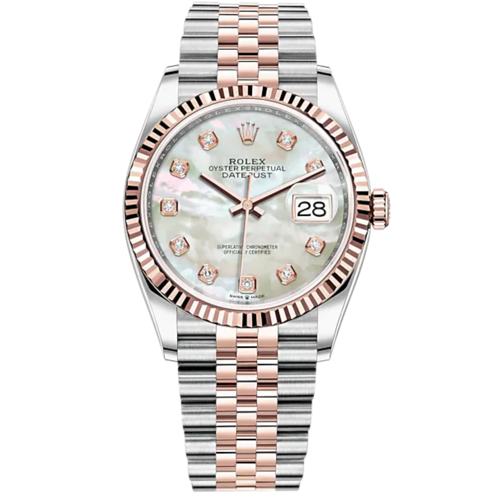 Datejust 36 36mm Oystersteel Jubilee Bracelet and Everose Gold with White Mother-of-Pearl Diamond-Set Dial Fluted Bezel - Rolex