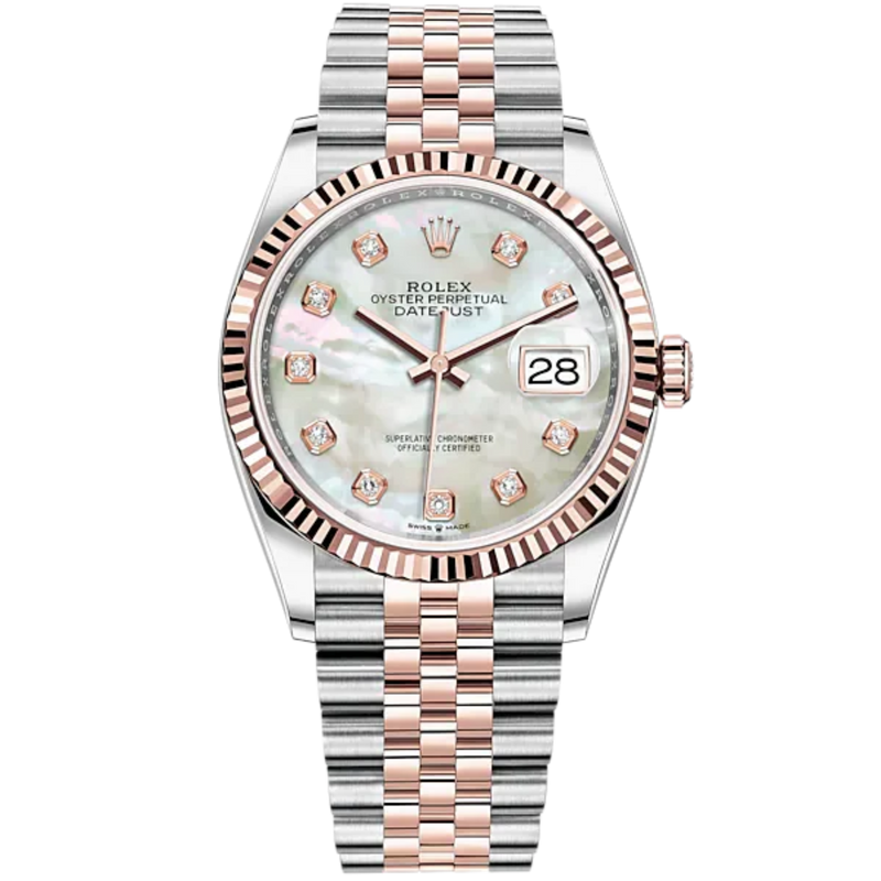 Datejust 36 36mm Oystersteel Jubilee Bracelet and Everose Gold with White Mother-of-Pearl Diamond-Set Dial Fluted Bezel - Rolex