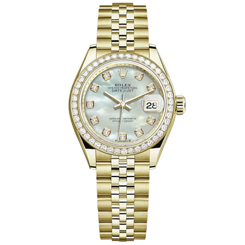 Lady-DateJust 28mm Jubilee Bracelet and 18 KT Yellow Gold with White Mother-of-Pearl Diamond-Set Dial Diamond-Set Bezel - Rolex
