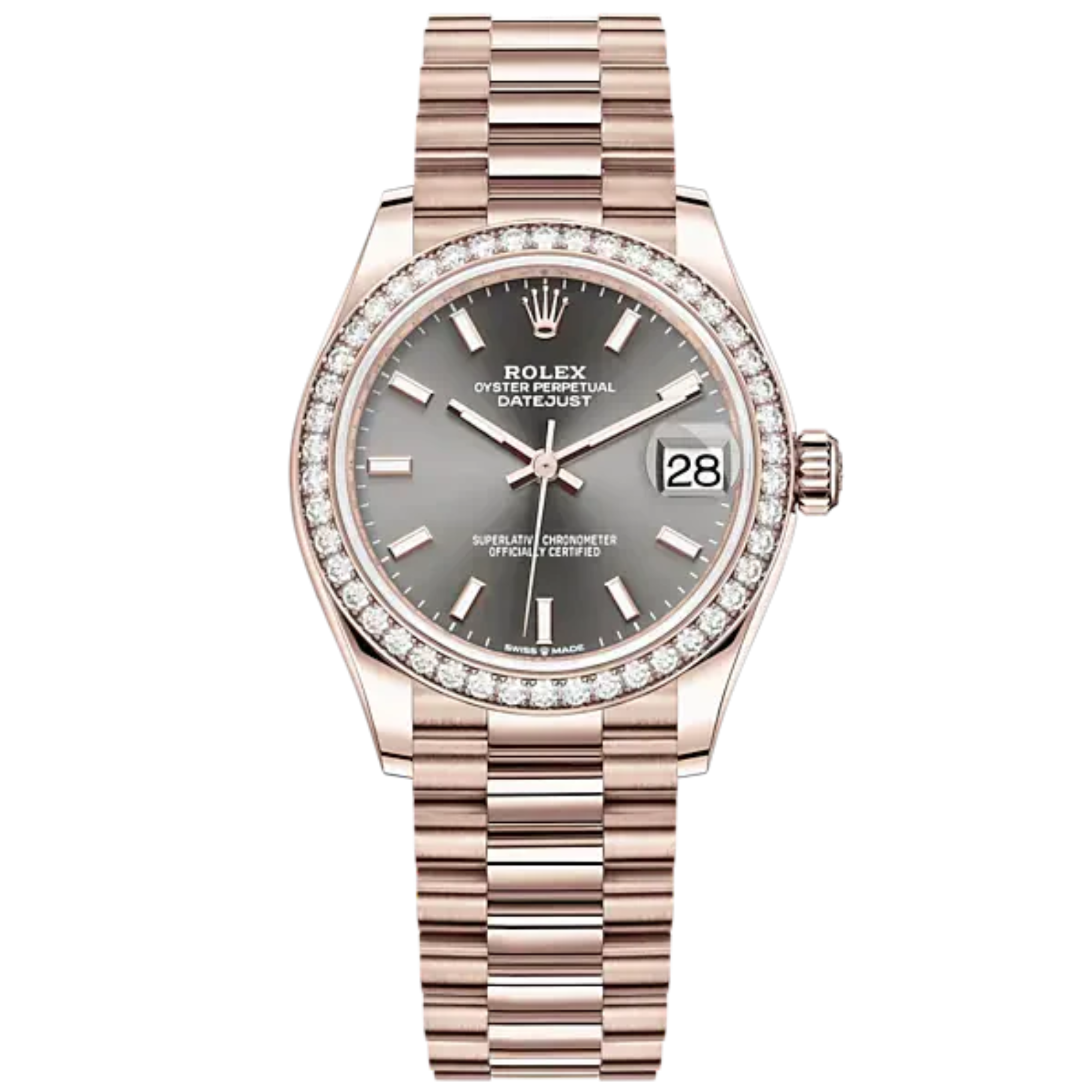 Datejust 31 31mm President Bracelet and 18 CT Everose Gold with Slate Dial Diamond-Set Bezel - Rolex