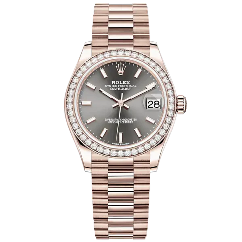 Datejust 31 31mm President Bracelet and 18 CT Everose Gold with Slate Dial Diamond-Set Bezel - Rolex