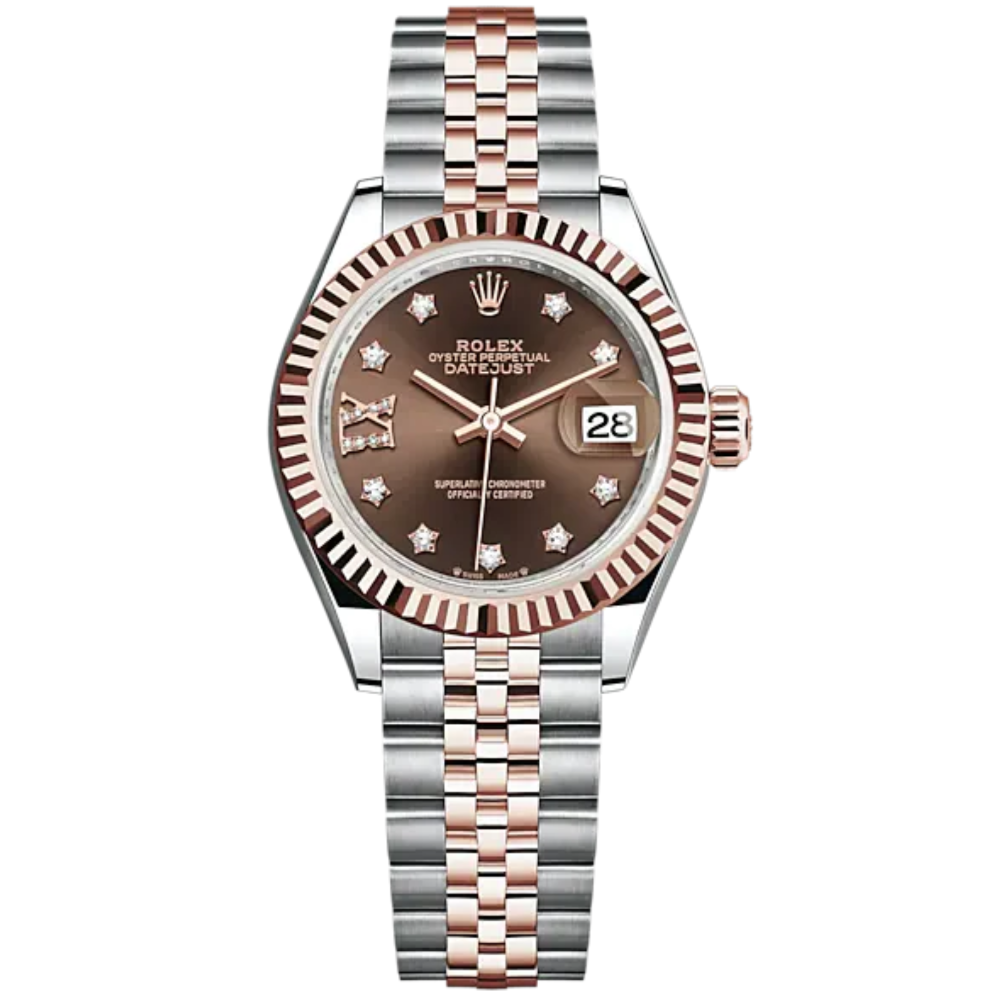 Lady-DateJust 28mm Oystersteel Jubilee Bracelet and Everose Gold with Chocolate Dial Diamond-Set Dial Fluted Bezel - Rolex