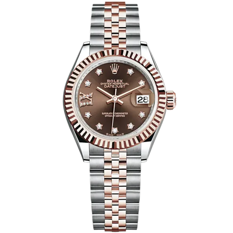 Lady-DateJust 28mm Oystersteel Jubilee Bracelet and Everose Gold with Chocolate Dial Diamond-Set Dial Fluted Bezel - Rolex