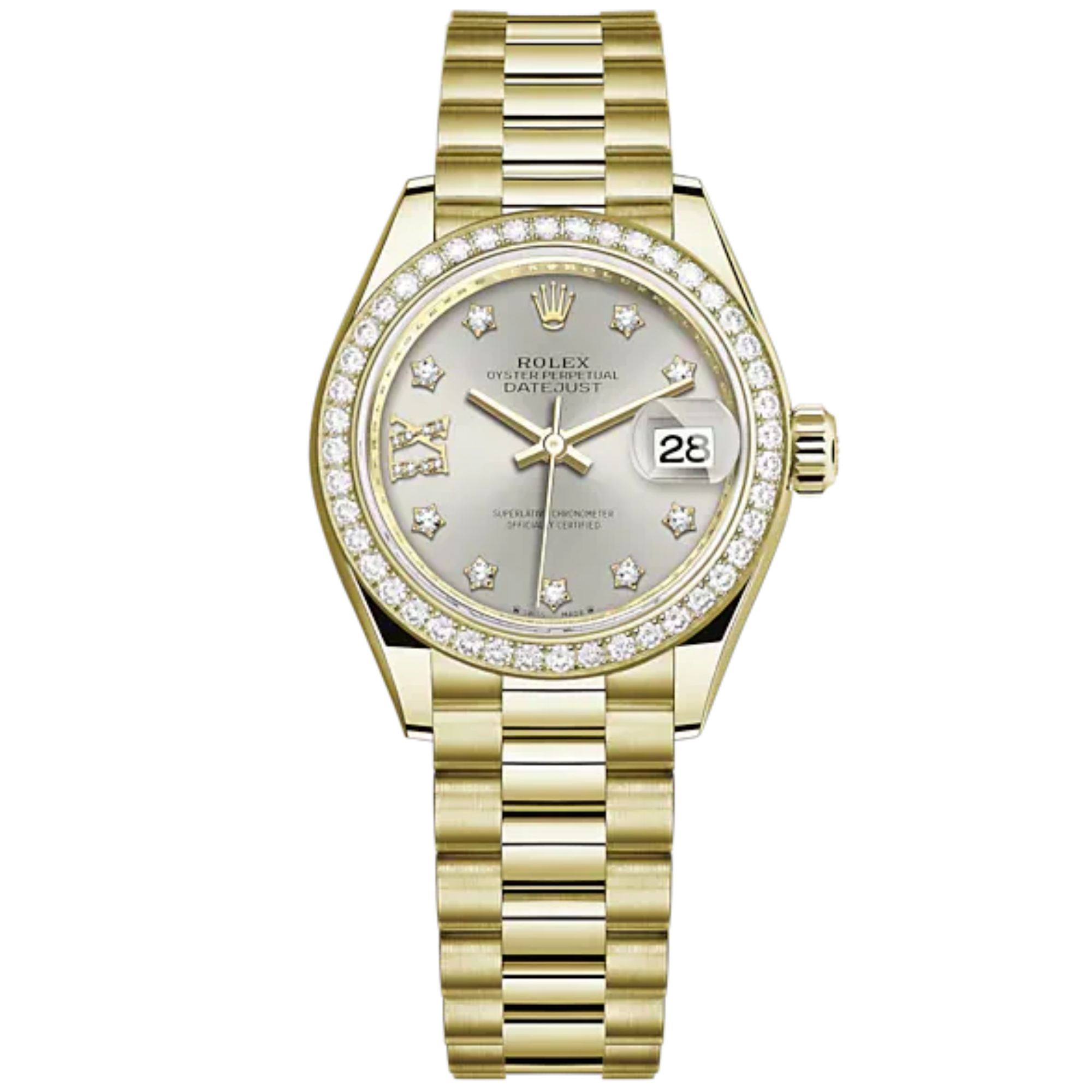 Lady-DateJust 28mm President Bracelet and 18 KT Yellow Gold with Silver Dial Diamond-Set Dial Diamond-Set Bezel - Rolex
