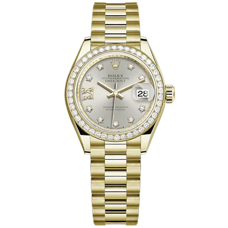 Lady-DateJust 28mm President Bracelet and 18 KT Yellow Gold with Silver Dial Diamond-Set Dial Diamond-Set Bezel - Rolex