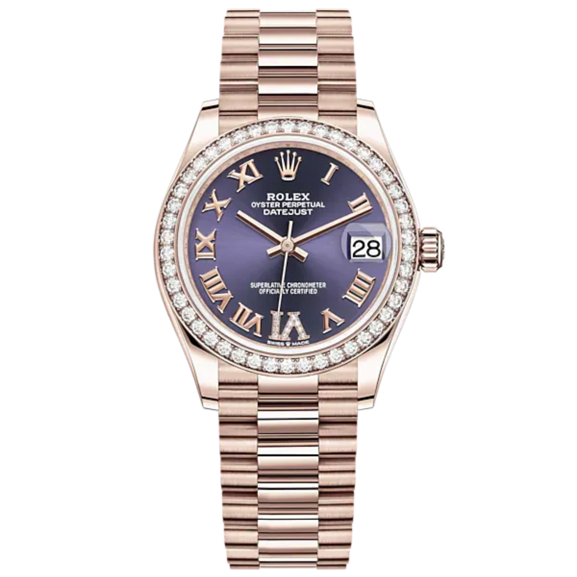 Datejust 31 31mm President Bracelet and 18 CT Everose Gold with Aubergine Diamond Dial Diamond-Set Bezel - Rolex