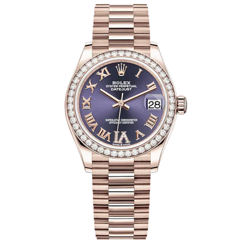Datejust 31 31mm President Bracelet and 18 CT Everose Gold with Aubergine Diamond Dial Diamond-Set Bezel - Rolex