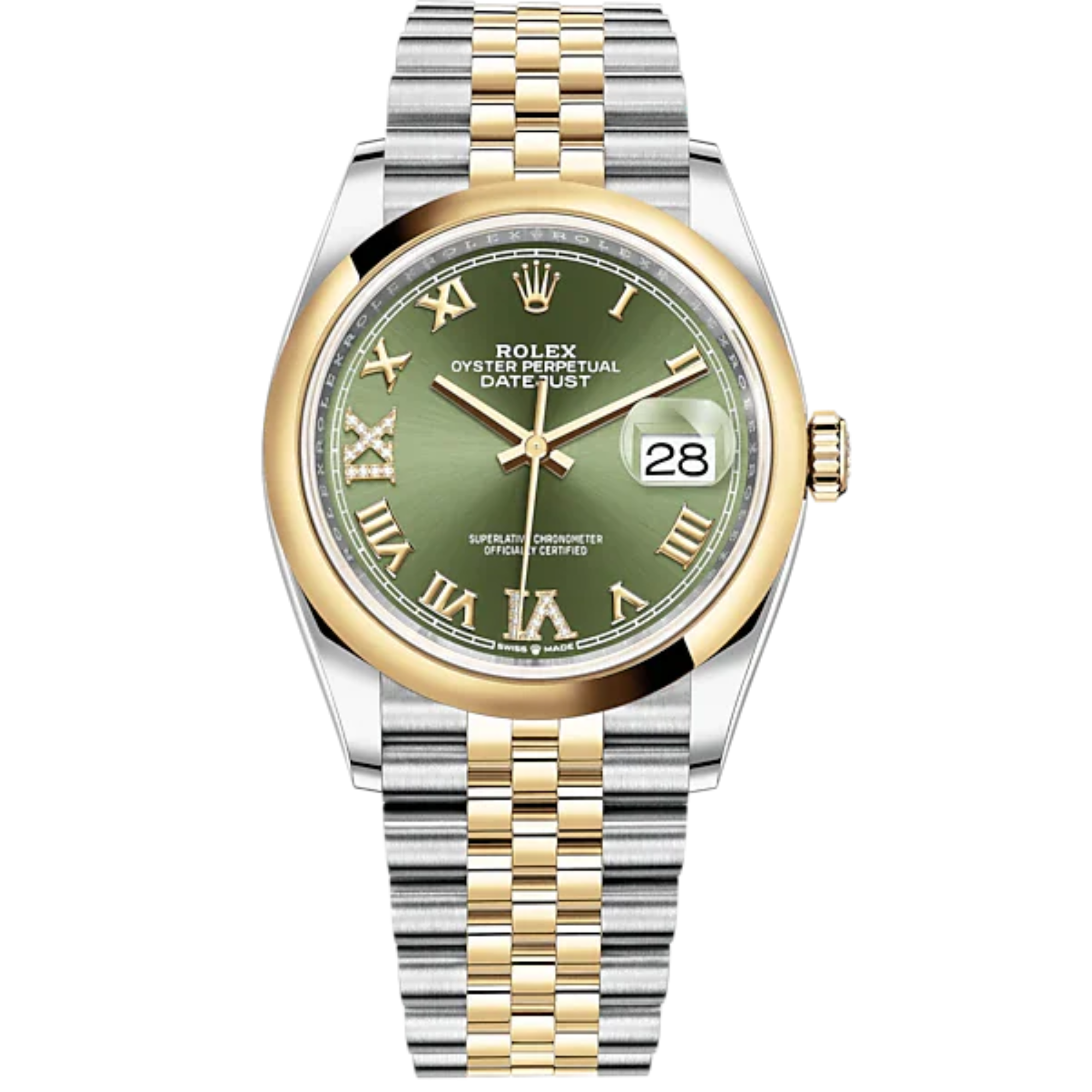 Datejust 36 36mm Oystersteel Jubilee Bracelet and Yellow Gold with Olive-Green Diamond-Set Dial Domed Bezel - Rolex