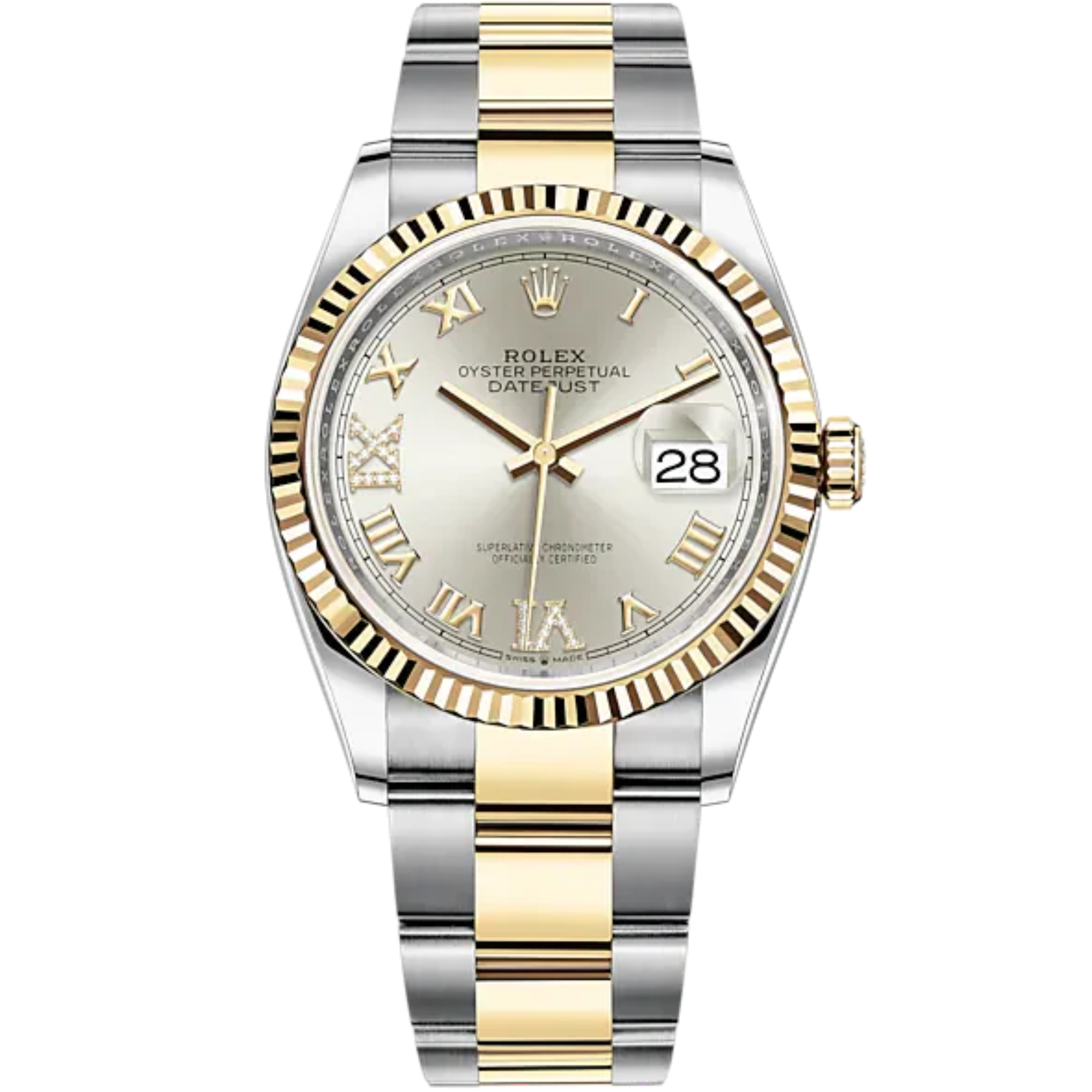 Datejust 36 36mm Oyster Bracelet Oystersteel and Yellow Gold with Silver Diamond-Set Dial Fluted Bezel - Rolex