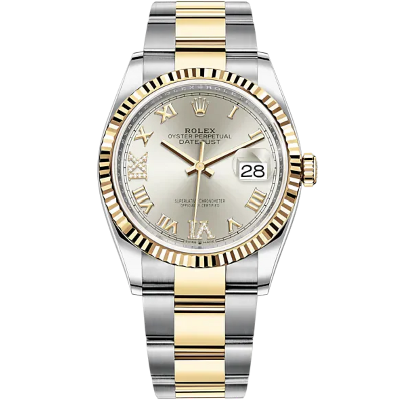 Datejust 36 36mm Oyster Bracelet Oystersteel and Yellow Gold with Silver Diamond-Set Dial Fluted Bezel - Rolex