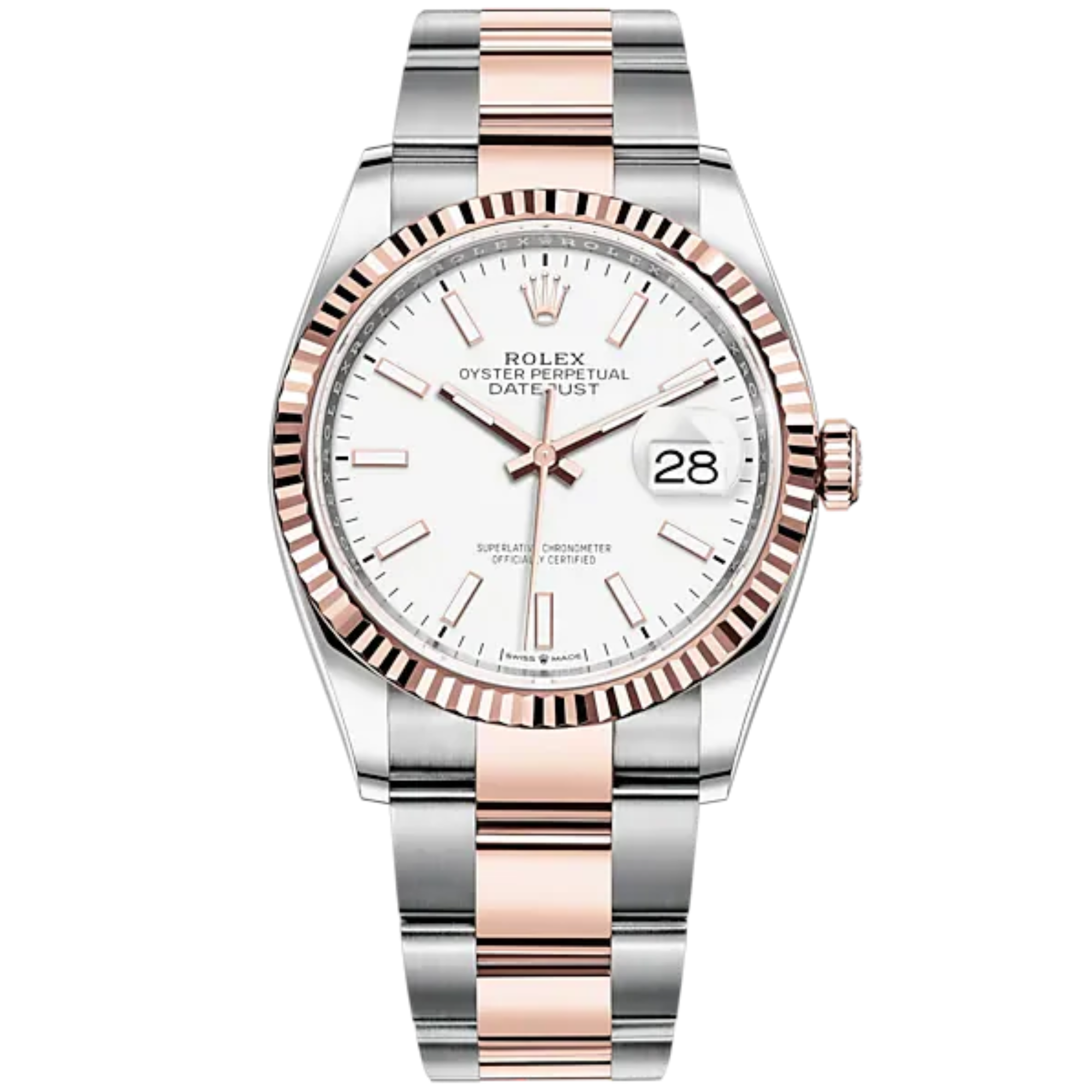 Datejust 36 36mm Oyster Bracelet Oystersteel and Everose Gold with White Dial Fluted Bezel - Rolex