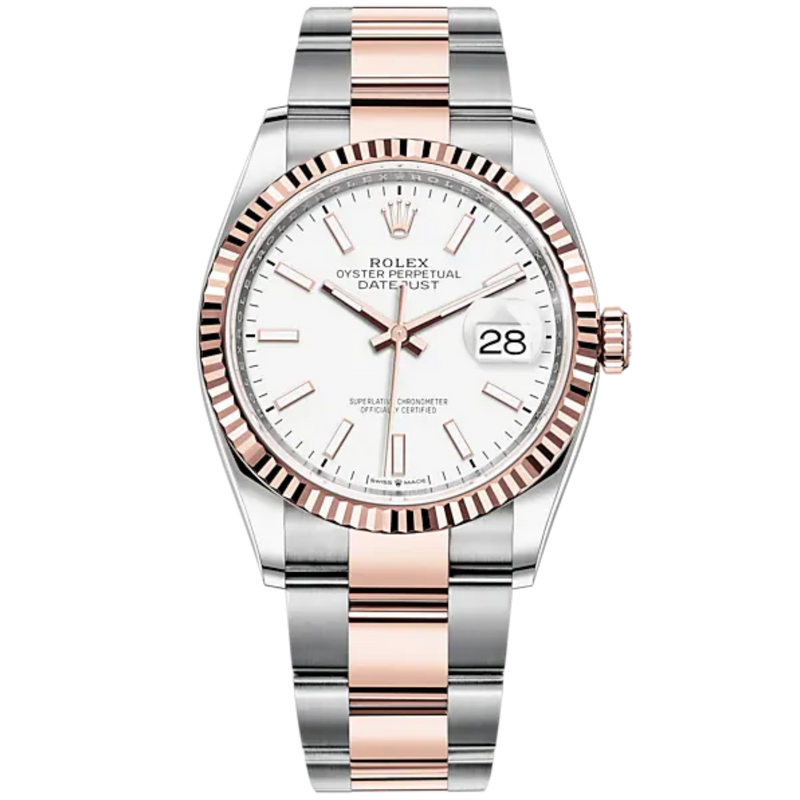 Datejust 36 36mm Oyster Bracelet Oystersteel and Everose Gold with White Dial Fluted Bezel - Rolex