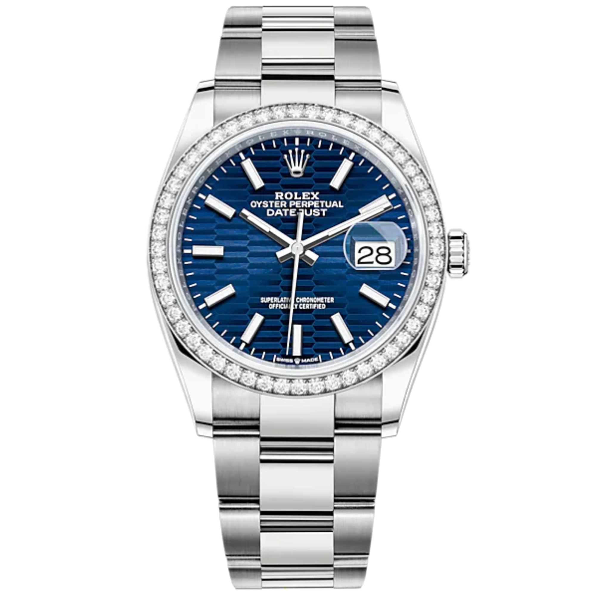 Datejust 36 36mm Oyster Bracelet Oystersteel and White Gold with Bright Blue Fluted-Motif Dial Diamond-Set Bezel - Rolex