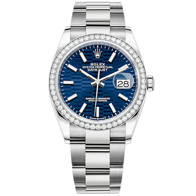 Datejust 36 36mm Oyster Bracelet Oystersteel and White Gold with Bright Blue Fluted-Motif Dial Diamond-Set Bezel - Rolex