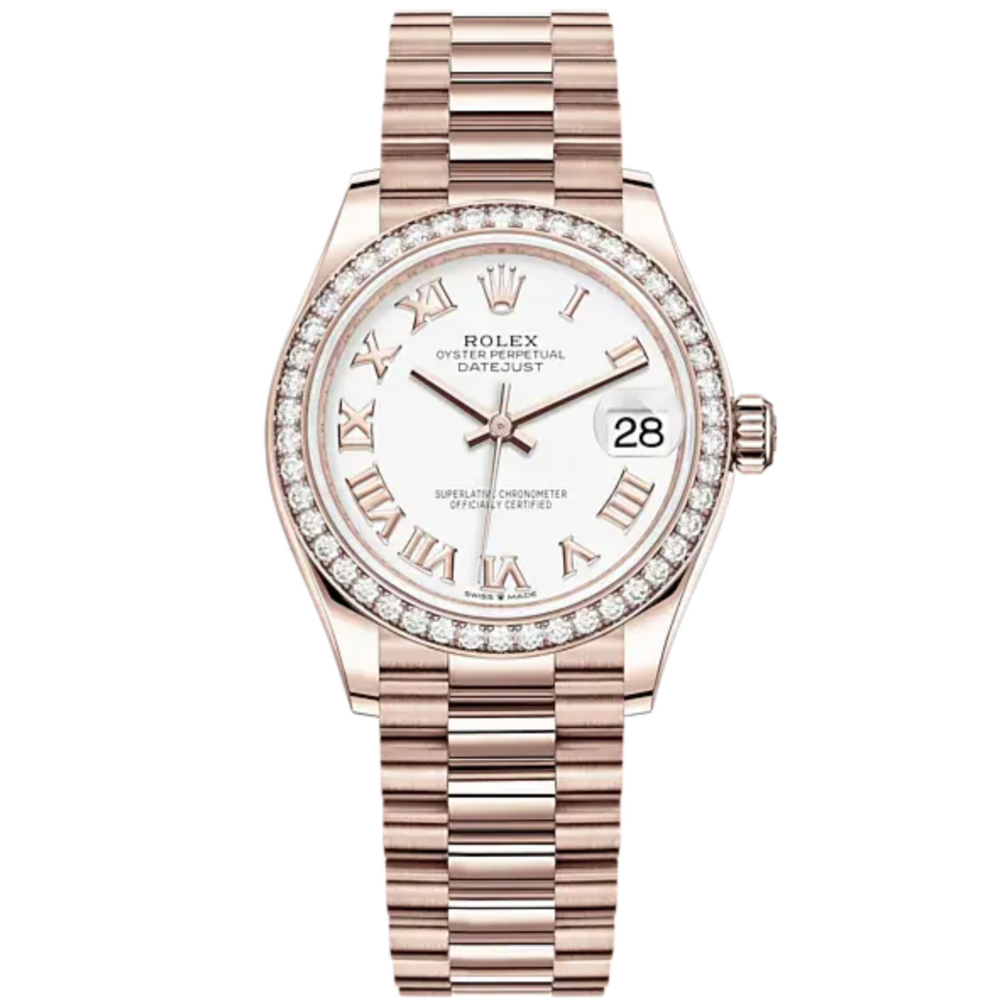 Datejust 31 31mm President Bracelet and 18 CT Everose Gold with White Dial Diamond-Set Bezel - Rolex