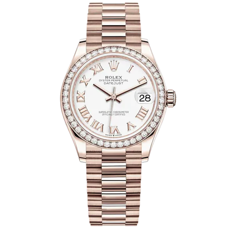 Datejust 31 31mm President Bracelet and 18 CT Everose Gold with White Dial Diamond-Set Bezel - Rolex