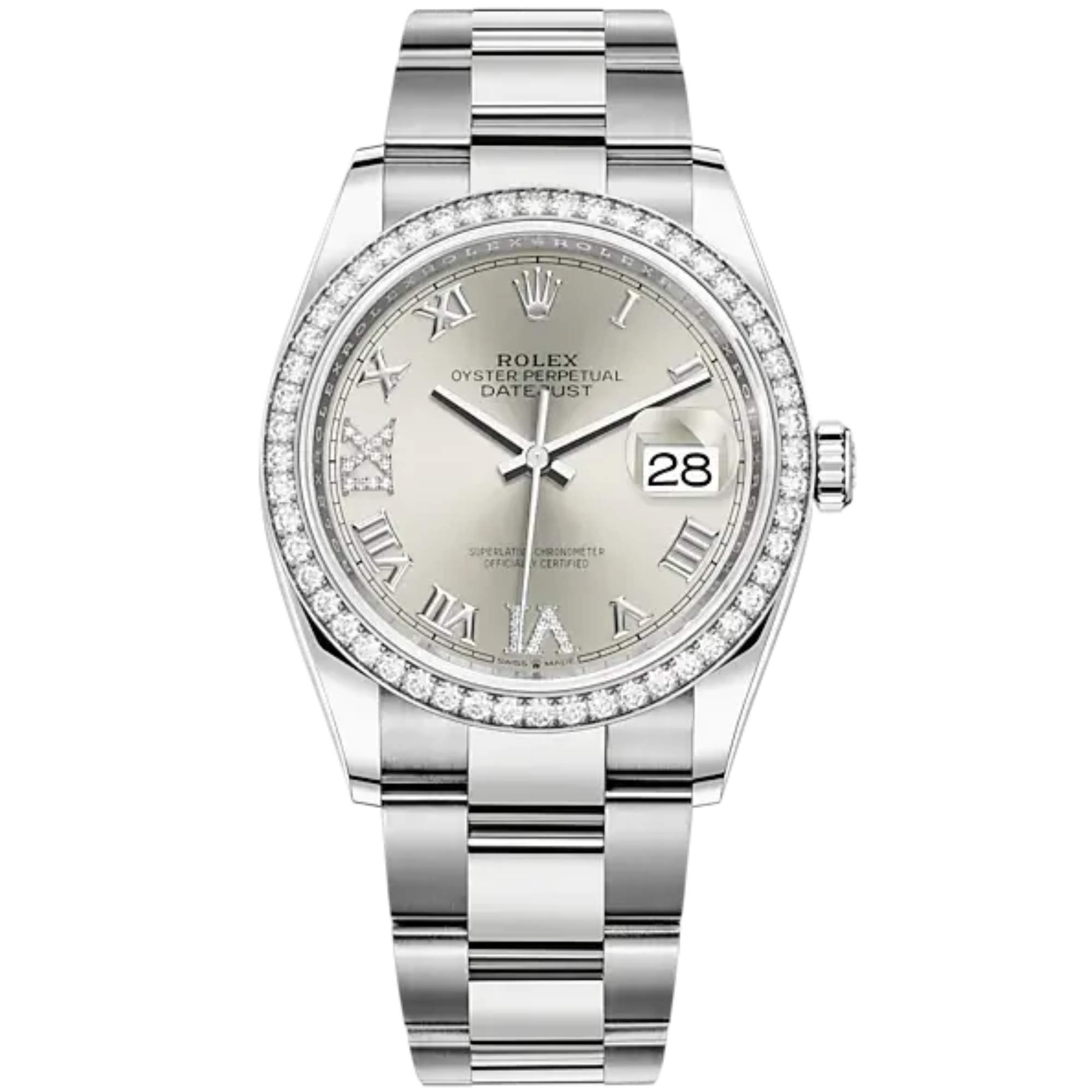 Datejust 36 36mm Oyster Bracelet Oystersteel and White Gold with Silver Diamond-Set Dial Diamond-Set Bezel - Rolex
