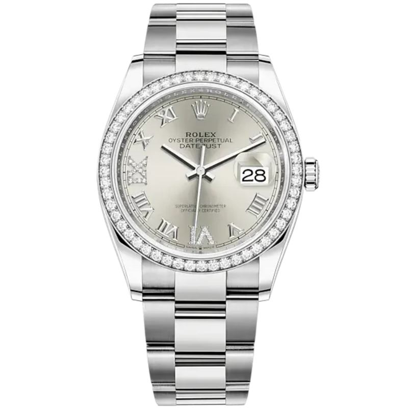 Datejust 36 36mm Oyster Bracelet Oystersteel and White Gold with Silver Diamond-Set Dial Diamond-Set Bezel - Rolex