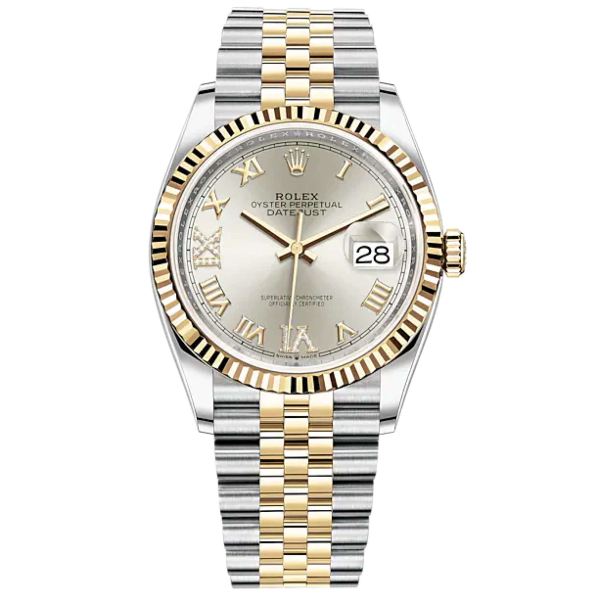 Datejust 36 36mm Oystersteel Jubilee Bracelet and Yellow Gold with Silver Diamond-Set Dial Fluted Bezel - Rolex