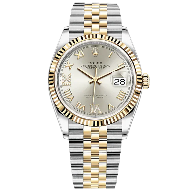 Datejust 36 36mm Oystersteel Jubilee Bracelet and Yellow Gold with Silver Diamond-Set Dial Fluted Bezel - Rolex