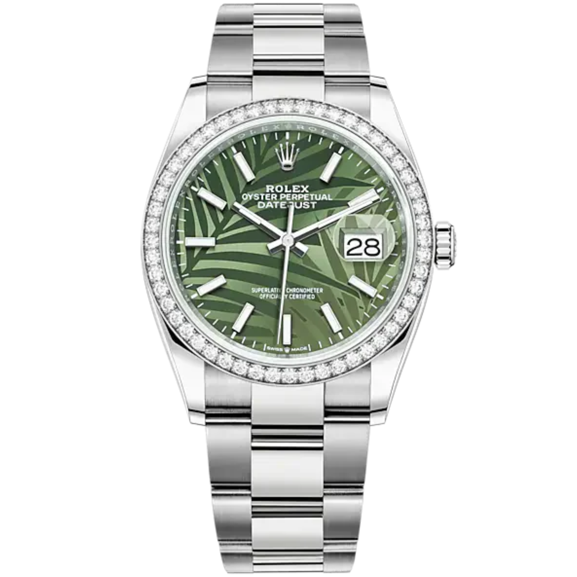 Datejust 36 36mm Oyster Bracelet Oystersteel and White Gold with Olive-Green Palm-Motif Diamond-Set Bezel - Rolex