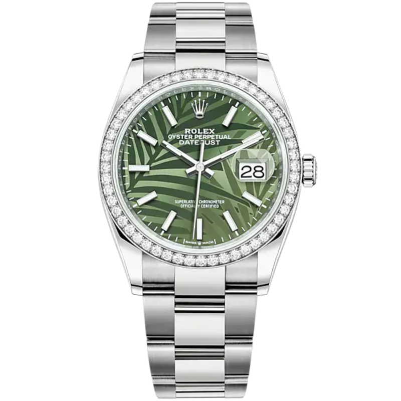 Datejust 36 36mm Oyster Bracelet Oystersteel and White Gold with Olive-Green Palm-Motif Diamond-Set Bezel - Rolex