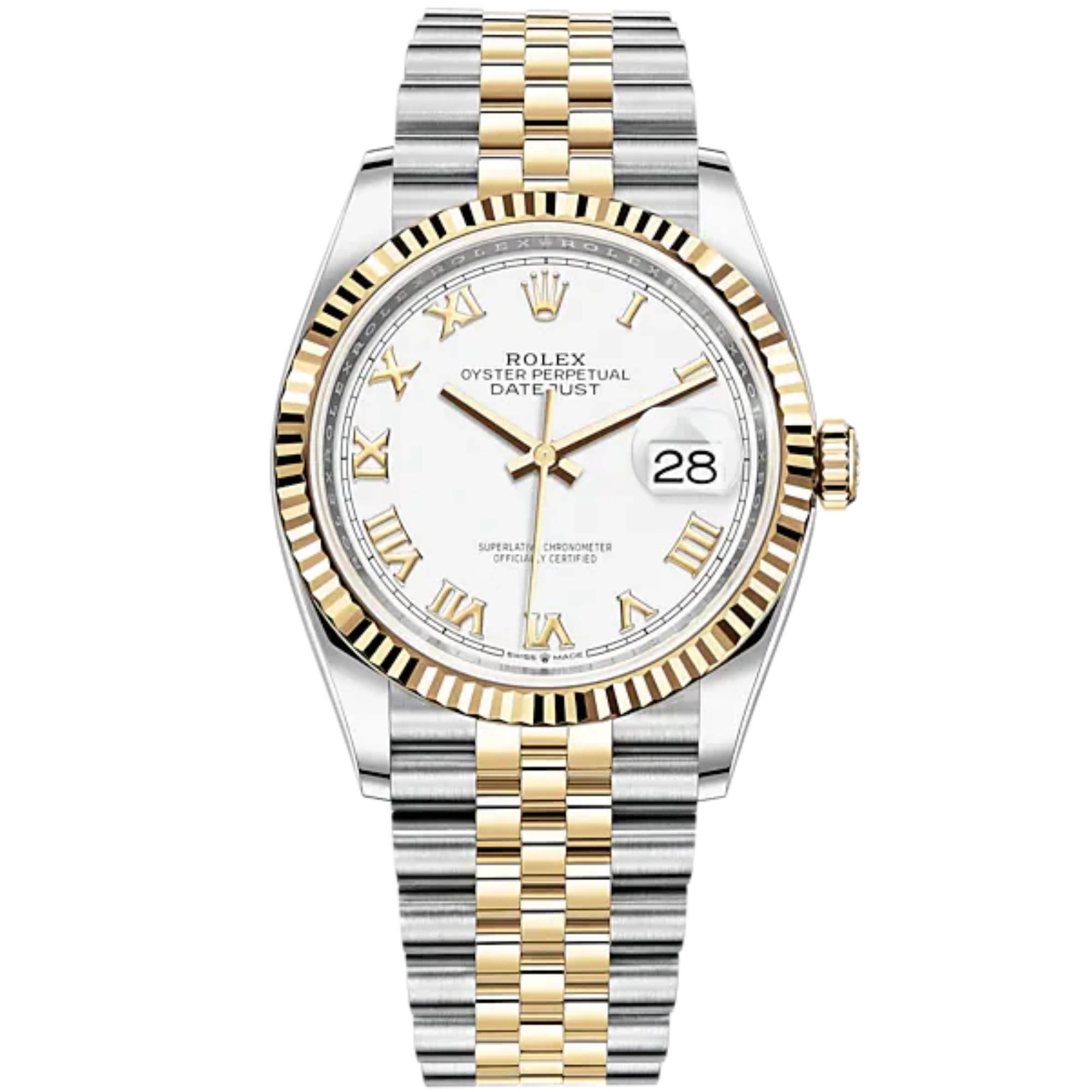Datejust 36 36mm Oystersteel Jubilee Bracelet and Yellow Gold with White Dial Fluted Bezel - Rolex
